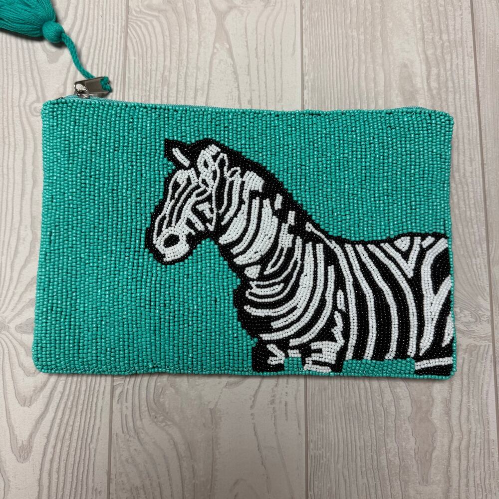 America & Beyond Beaded Zebra Clutch Purse Turquoise Black White Tassel Boho Bag - Picture 2 of 7